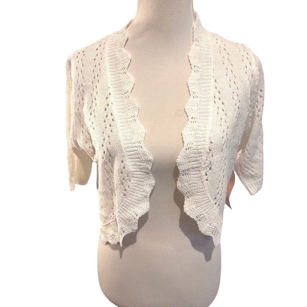 Sweet Kizz Women White Pointelle Knit Scalloped Shrug Bolero Cardigan M82891 L